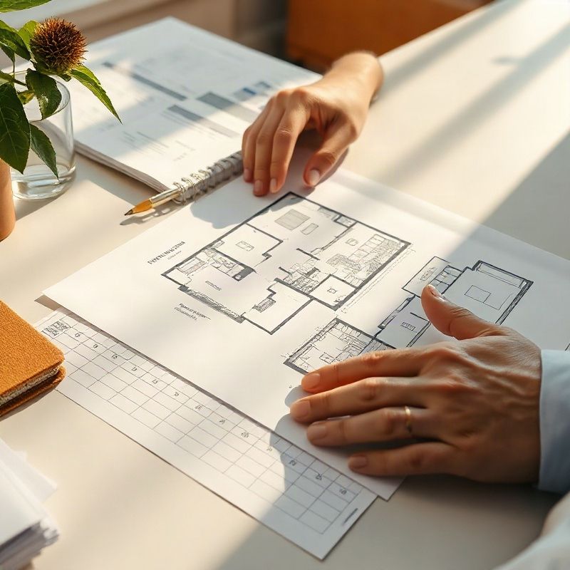 Property documents and a measured floor plan on a clean desk in natural light