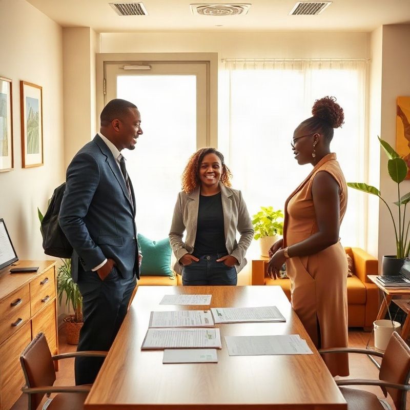 Small team of Kenyan real estate agents in a light-filled Eldoret office