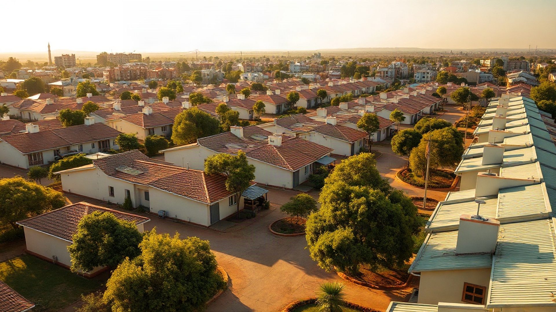 Aerial view of an Eldoret residential neighbourhood at golden morning light